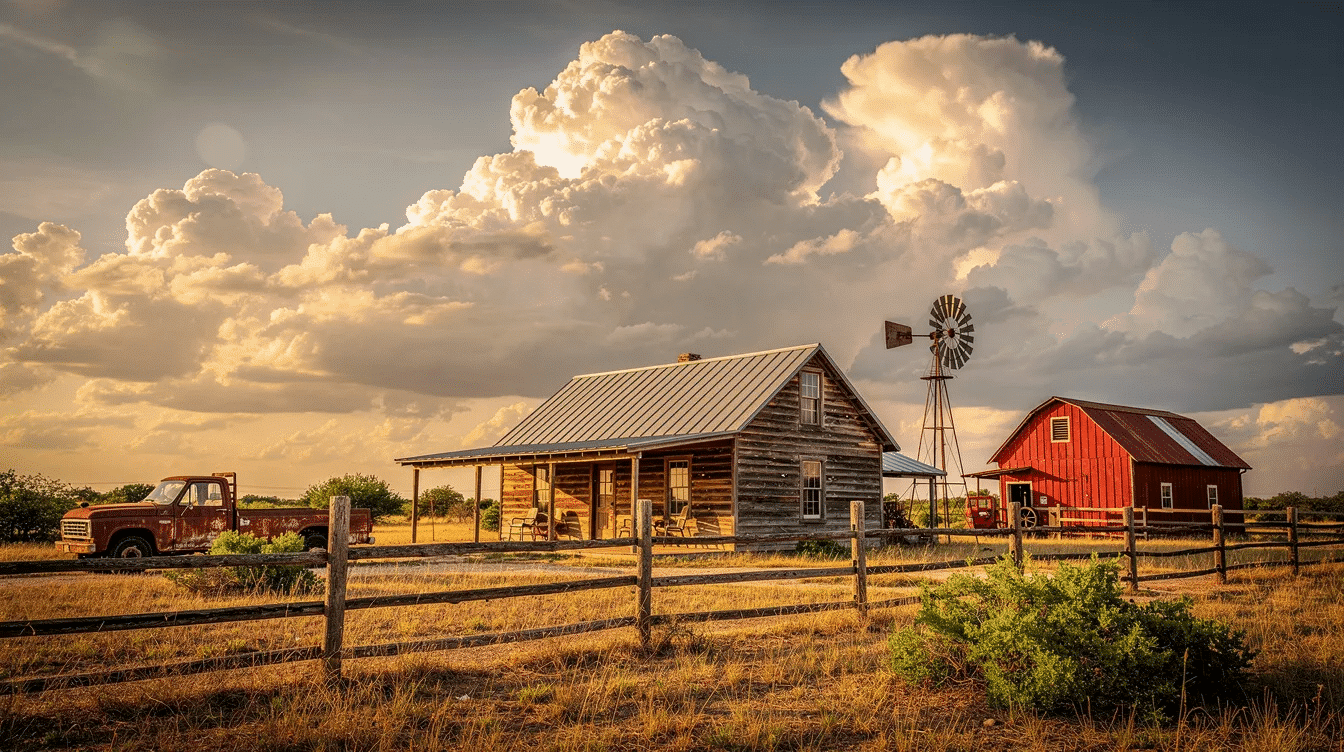 9e692bab-f445-4bec-b519-f5a76c582889 - Ranch Style Homes USA The image showcases a stunning HDR photograph of Texas homesteads, highlighting expansive land and picturesque ranches that could serve as dream properties for prospective buyers. This vibrant depiction emphasizes the productive soils and beautiful landscapes, appealing to those interested in investing in Texas land for sale.
