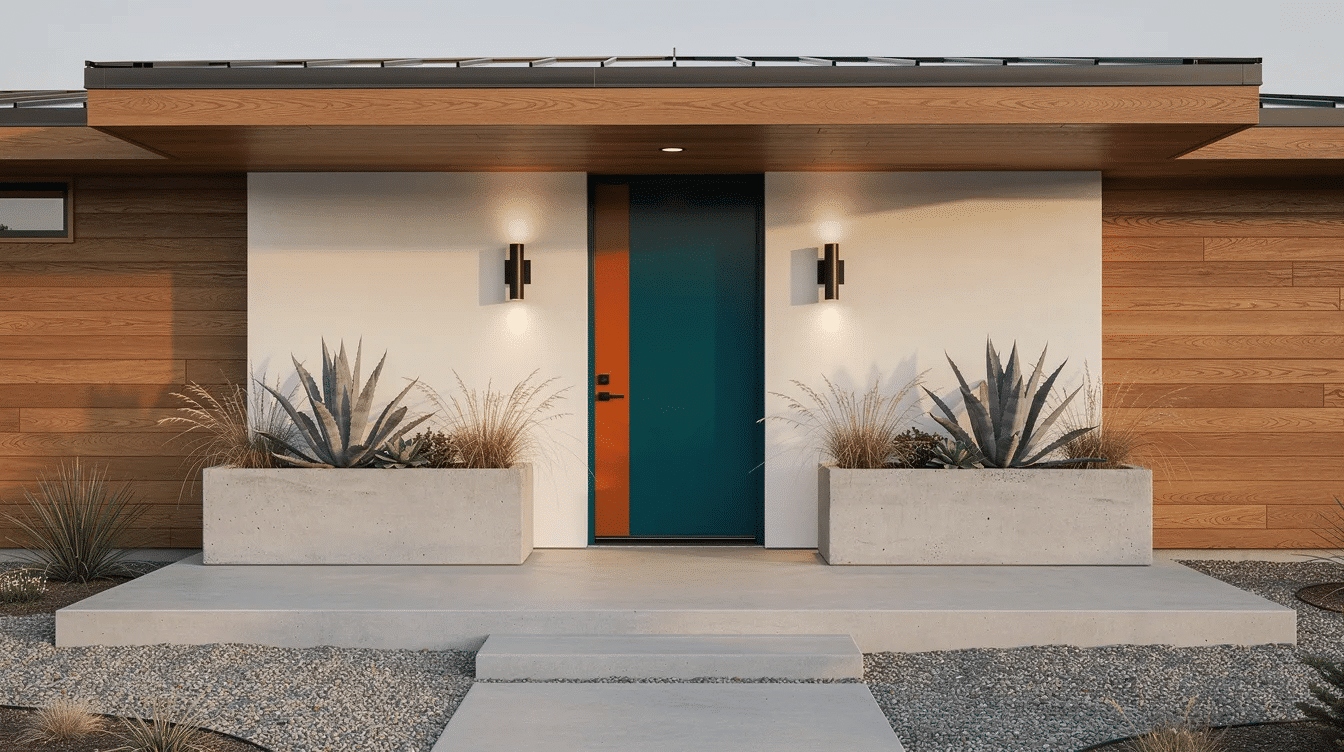 9e943910-2a13-43f0-aec3-6b3e1eef6532 - Ranch Style Homes USA The image showcases a modern ranch house entry featuring a bold colored front door, stylish concrete planters, and elegant wall sconces, all contributing to the home's inviting curb appeal. The design elements, including large windows and a flat roof, enhance the visual interest of this contemporary ranch style home.
