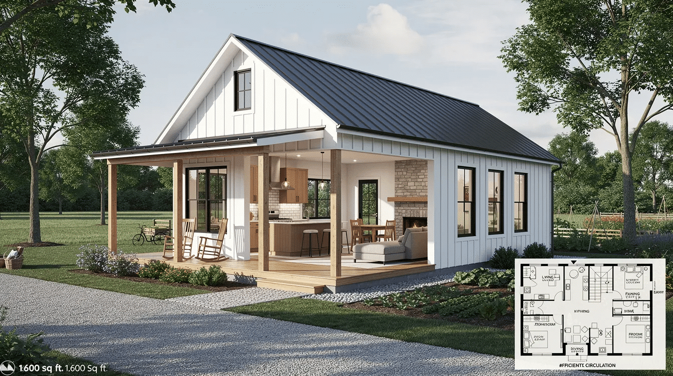 9f4ac00c-a133-48c7-9fef-44740dd4fc76 - Ranch Style Homes USA This image showcases a collection of small farmhouse plans, featuring efficient layouts ranging from 1,300 to 2,000 sq ft, designed to maximize living space while maintaining classic charm. The designs include 2-3 bedrooms, open floor plans connecting the kitchen, dining area, and family room, and elements like large windows and rustic detailing that enhance the farmhouse style.