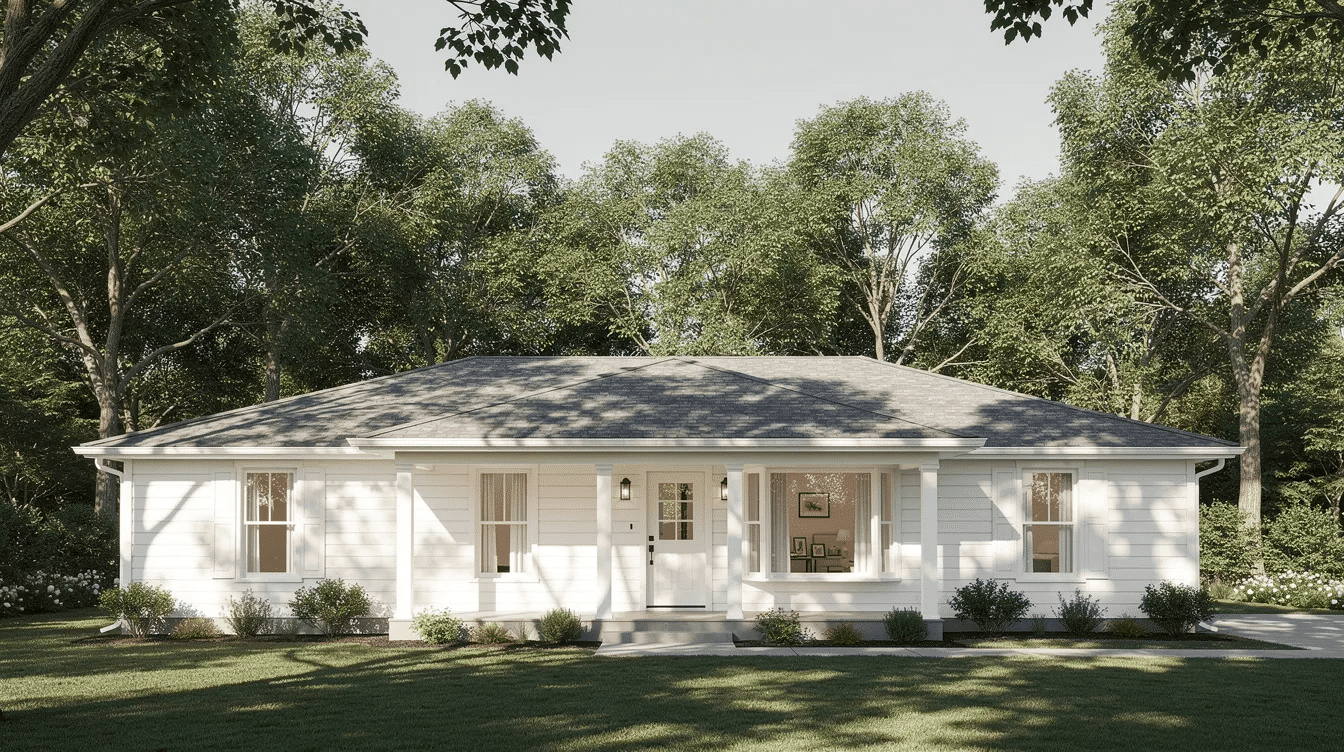 a048c1d4-803f-4b37-b8f9-25f2af4b5c6b - Ranch Style Homes USA The image showcases a ranch-style home painted in soft whites and creams, featuring warm shades like Benjamin Moore White Dove and Seapearl. This exterior color scheme enhances the home's curb appeal and creates a light, airy atmosphere, making it a perfect choice for homes surrounded by natural beauty and mature trees.