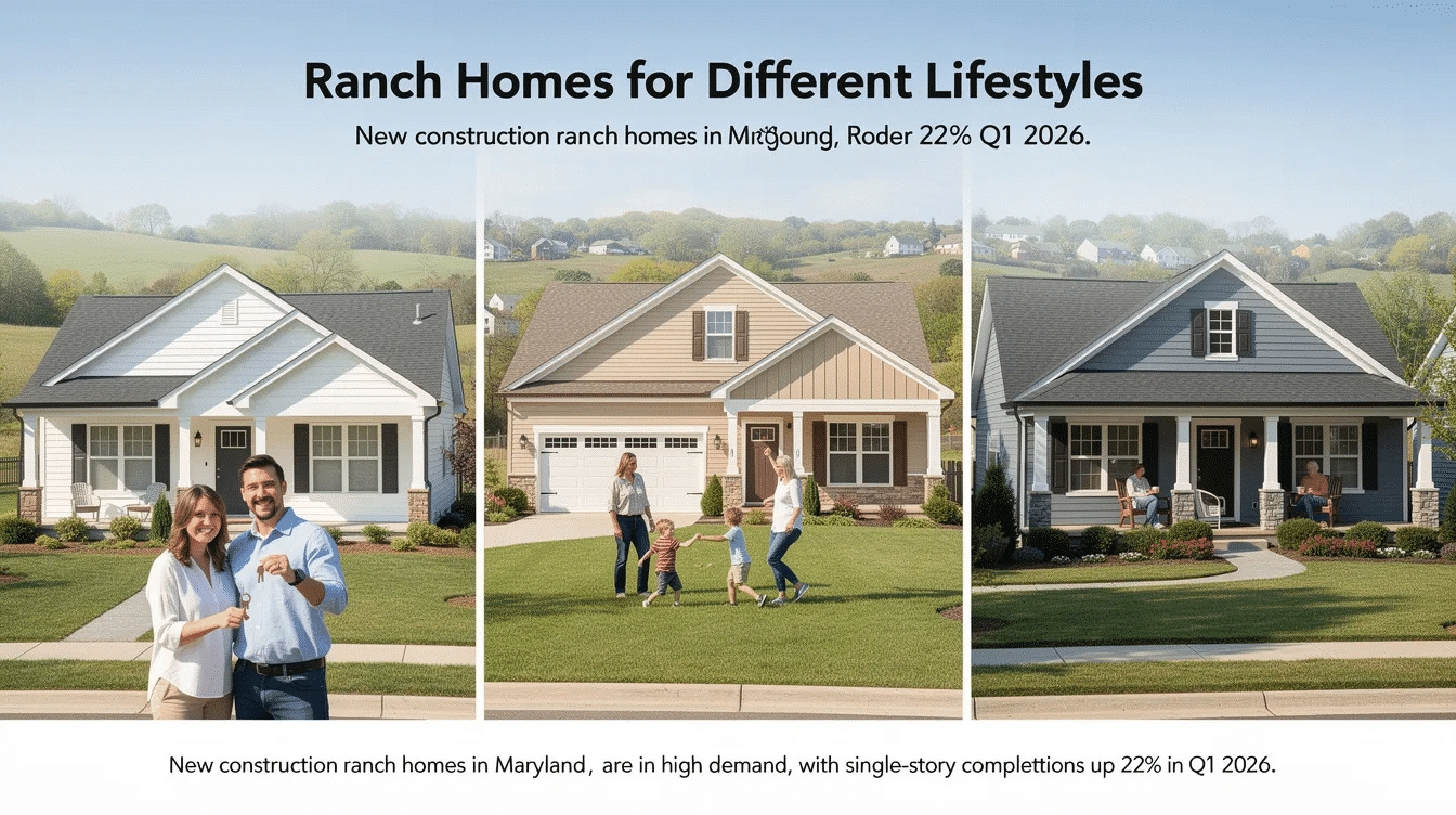 a10f6a3c-6fc7-434c-84a4-27edb144ceb7 - Ranch Style Homes USA The image showcases a variety of new construction ranch homes in Maryland, designed to cater to different lifestyles, from first-time buyers to families and those looking to downsize. The vibrant neighborhood reflects the strong demand for single-story properties, with a focus on modern amenities and community living.