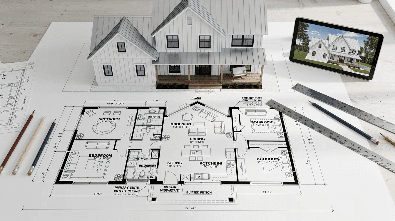 a1bf6b9c-8f37-4db1-b27f-f66ff0ed4aae - Ranch Style Homes USA This image showcases a modern farmhouse design featuring a spacious open floor plan with large windows and vaulted ceilings, creating a bright and inviting atmosphere. The exterior highlights include a covered porch and gabled roofs, embodying the rustic charm of contemporary farmhouse style.