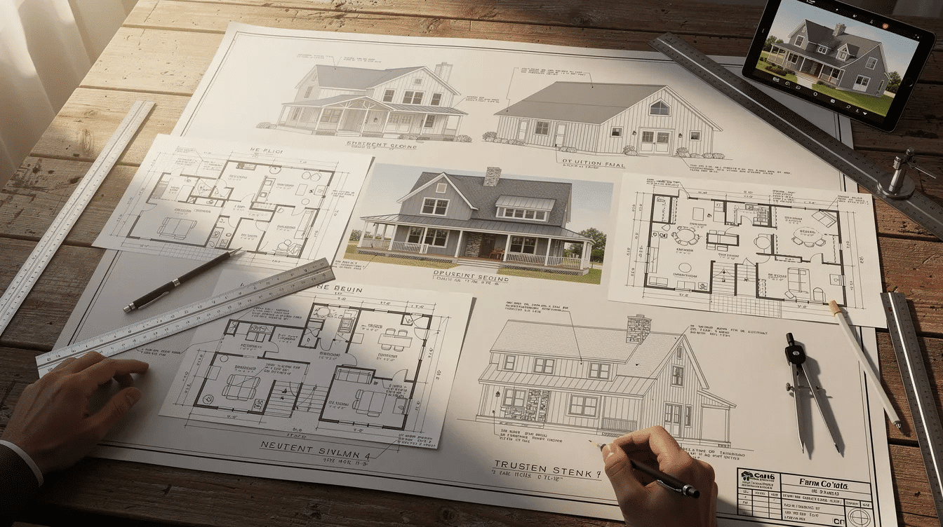 a74e29c4-6c93-4310-8218-daef48db4fea - Ranch Style Homes USA The image showcases a collection of diverse farmhouse plans, highlighting modern farmhouse styles with features such as spacious kitchens, large windows, and wraparound porches. Each design reflects rustic charm and modern functionality, perfect for everyday living and entertaining.