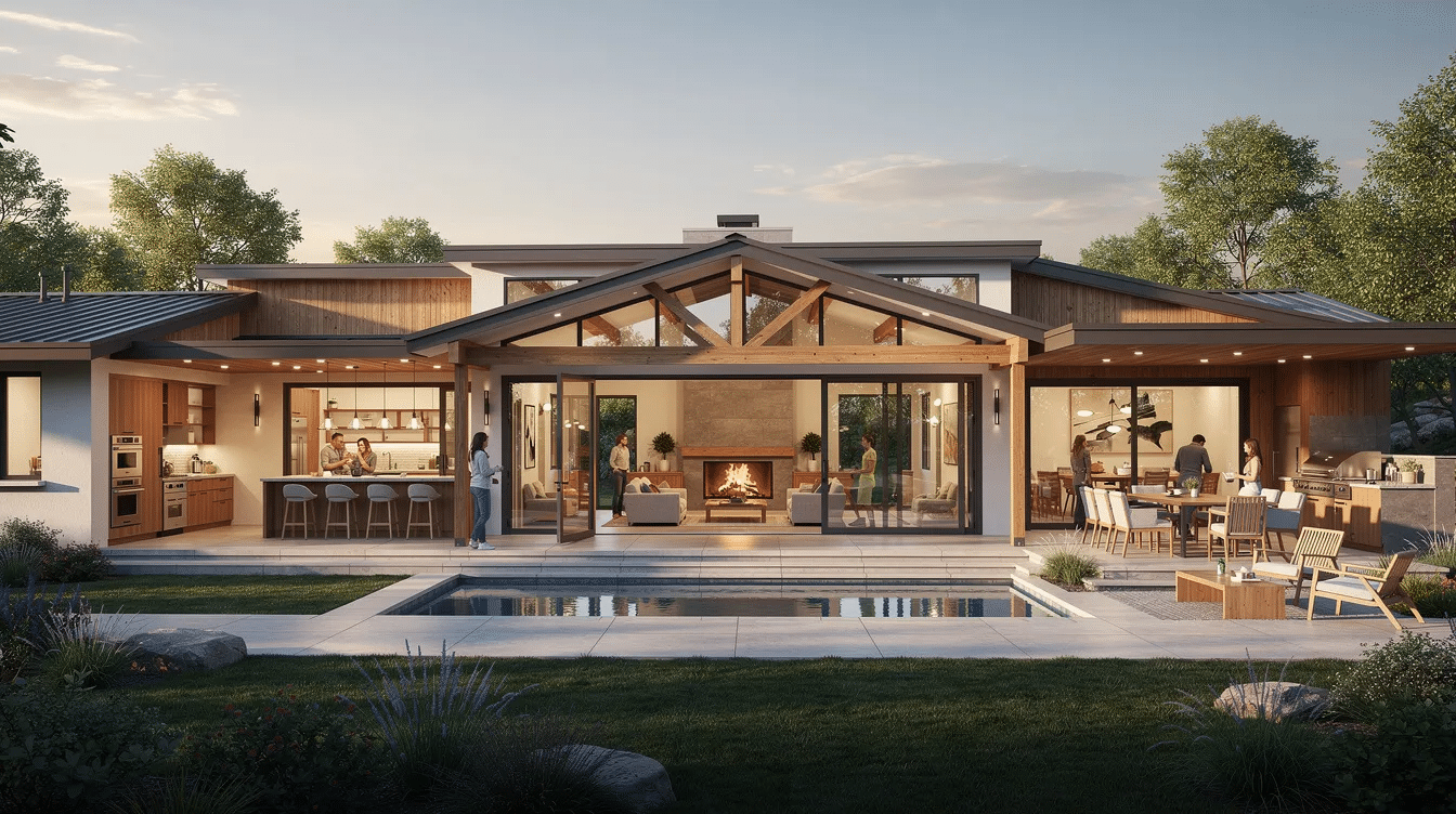 a7bb9d05-0ad8-4ca3-ad0e-f5f3bc946f50 - Ranch Style Homes USA The image showcases a modern ranch style home designed for entertaining, featuring a spacious great room with cathedral ceilings and large windows that invite natural light. Multiple access points to outdoor spaces through sliding glass doors enhance the flow between the indoor and outdoor areas, making it ideal for hosting gatherings.