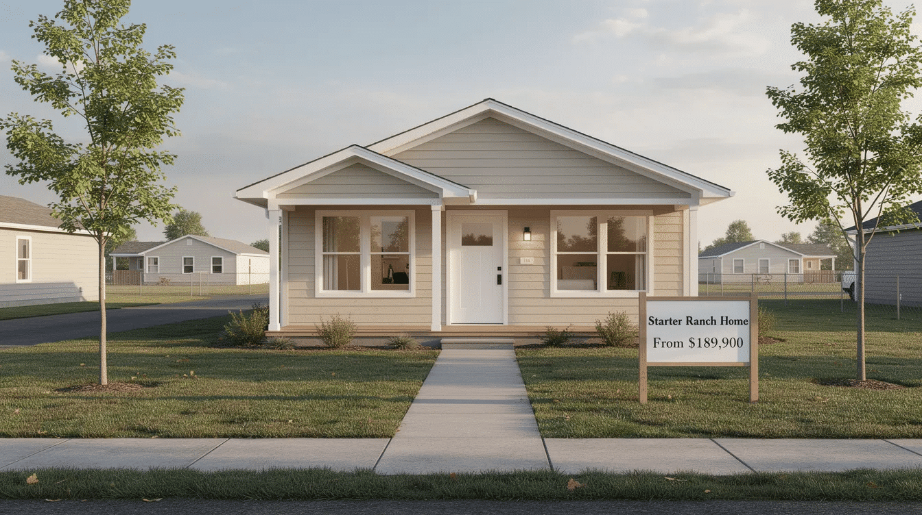 aa85d6fc-3f07-4763-bb9a-399319685796 - Ranch Style Homes USA The image showcases a series of affordable ranch style homes designed for simplicity and practicality, each ranging from 800 to 1,200 square feet. These single story homes feature open floor plans, basic finishes, and secondary bedrooms, making them ideal starter homes for small families or individuals in emerging neighborhoods.