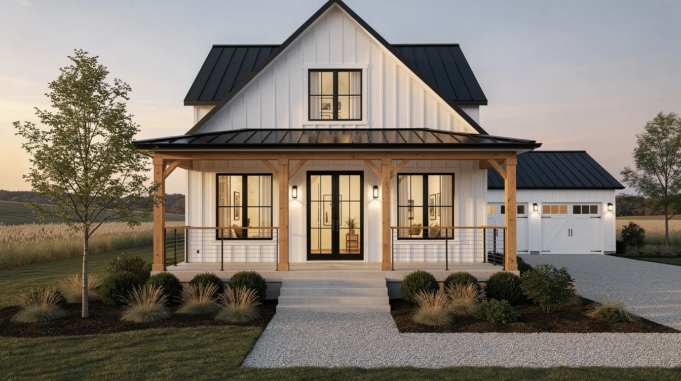 ab457b84-3653-4240-a258-943b42a8625d - Ranch Style Homes USA The image depicts a modern farmhouse house design featuring a blend of rustic charm and contemporary design elements. It showcases a spacious front porch with large windows, board and batten siding, and an open floor plan that emphasizes natural light and modern functionality, perfect for everyday family life and entertaining guests.