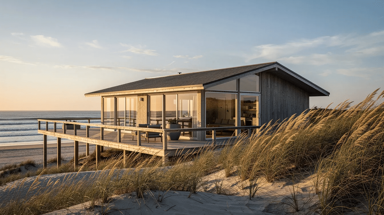 abe0ca27-a185-49b2-a84b-b81b160c6f06 - Ranch Style Homes USA Single-story ranch home with wraparound deck overlooking sandy dunes and ocean