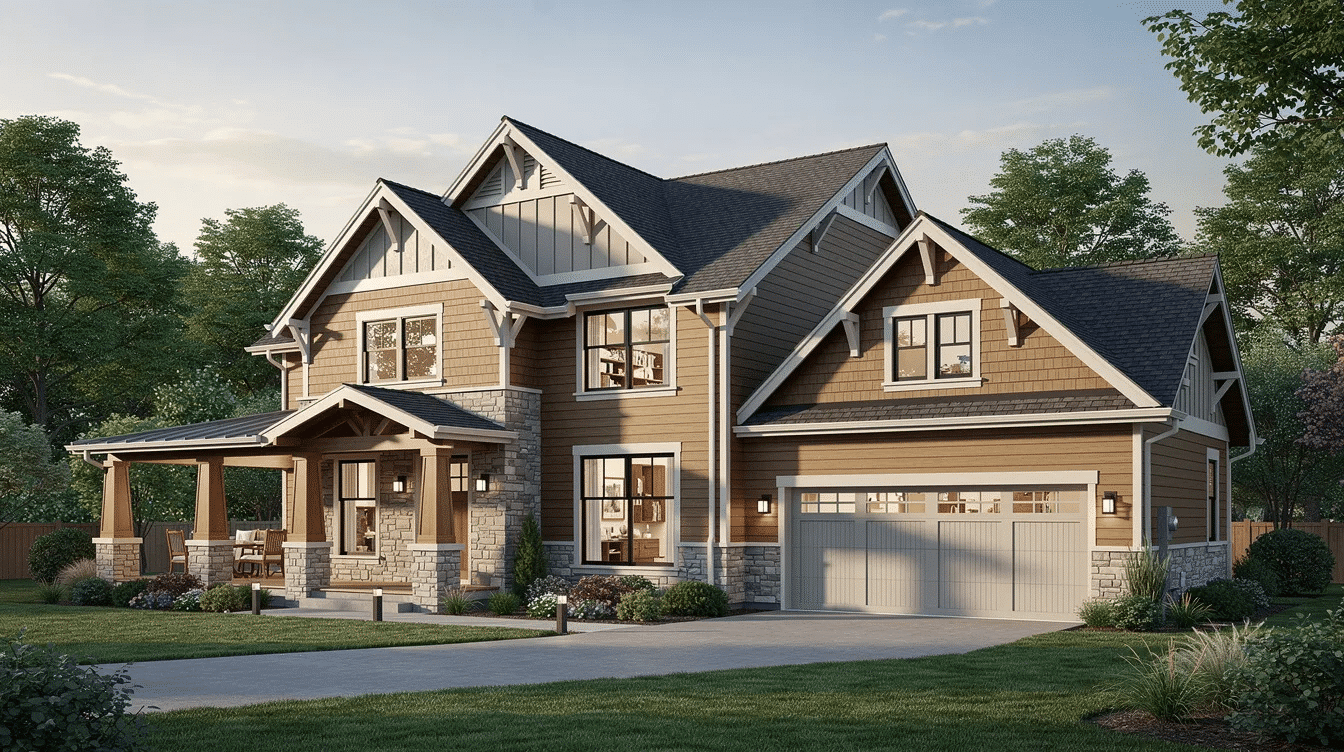 ae236778-95c5-46bb-ab90-9dcdf6746b71 - Ranch Style Homes USA The image showcases a spacious craftsman style house plan that exceeds 2,200 square feet, featuring multiple gathering areas, a dedicated bonus room for flexible use, and a formal dining room that separates everyday living from special occasions. Architectural details include tapered columns, gabled roofs, and an inviting front porch, emphasizing the timeless appeal and craftsmanship typical of craftsman homes.