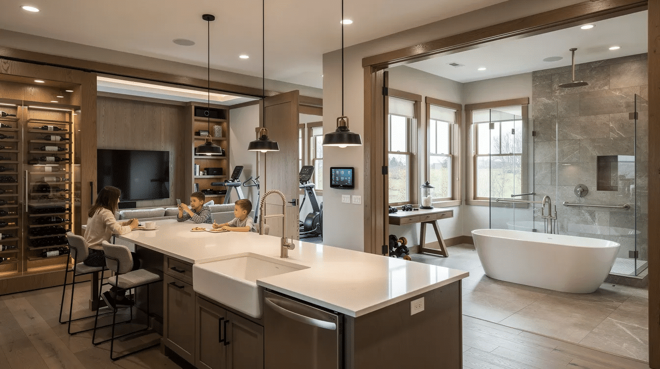 ae9660d6-a2ba-4ab0-8497-dd122d1bc72f - Ranch Style Homes USA The image showcases a modern farmhouse kitchen featuring a spacious island, farmhouse sink, and professional-grade appliances, creating a central gathering space for family gatherings. The luxurious primary bathroom includes a freestanding tub and heated flooring, embodying the perfect balance of modern amenities and rustic charm found in modern farmhouse plans.