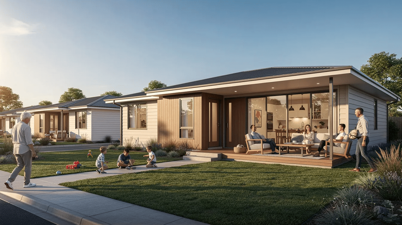 aec0d458-e979-41a1-baaa-db64309c6824 - Ranch Style Homes USA The image showcases a modern ranch-style bungalow, emphasizing its horizontal layout and single-story convenience. Featuring wide doorways and large sliding doors that open to a spacious patio, this bungalow house design promotes seamless indoor-outdoor living and accessibility, making it ideal for families and aging homeowners alike.