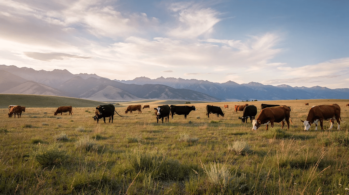 afd22d79-b773-4988-888b-4803f614d142 - Ranch Style Homes USA A wide landscape view showcases herds of beef cattle grazing on open rangeland, with majestic mountains rising in the distance, typical of the vast acreage found on many ranches. This tranquil scene reflects the hard work of ranch owners who maintain their livestock and the land, often spanning thousands of acres.