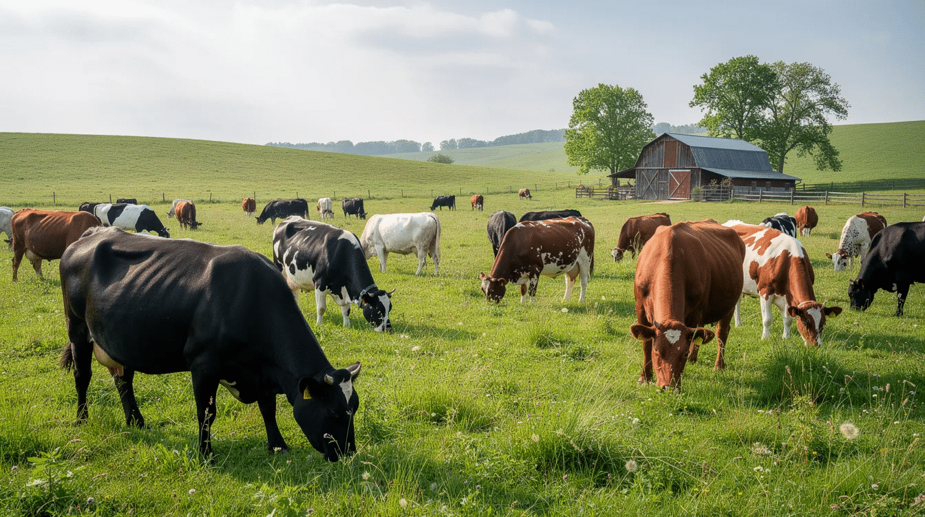 b2de089c-c568-4e72-86c0-397207873c7e - Ranch Style Homes USA A herd of beef cattle grazes peacefully on a lush green pasture, with a rustic barn visible in the background, typical of many ranches across the country. This scene captures the essence of ranch life, where ranch owners work hard to maintain their livestock and land, often covering thousands of acres.