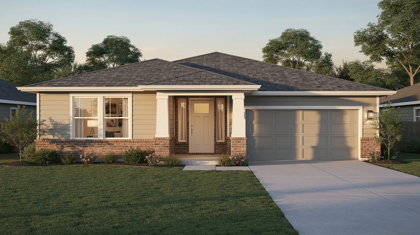 b4c5d6c1-8fe9-4cf4-81c8-86056af1735a - Ranch Style Homes USA The image depicts a single-story ranch style house featuring warm neutral vinyl siding in light gray, complemented by brick accents and black shutters, situated on a suburban street with well-maintained landscaping. This home's exterior showcases a classic look that enhances its curb appeal, making it an inviting addition to the neighborhood.