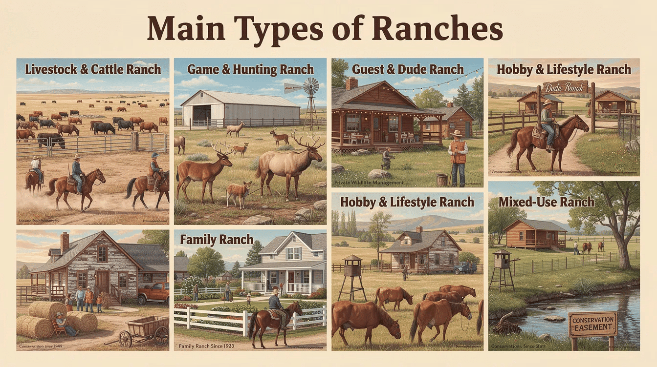 b7de5178-3632-4f7c-b2e7-45ba0406c8ac - Ranch Style Homes USA The image depicts various types of ranches, including cattle ranches focused on beef production, hunting ranches promoting healthy wildlife populations, and dude ranches offering recreational activities like horseback riding. Each ranch type showcases unique landscapes, such as open plains and dense forests, and emphasizes diverse agricultural practices and family ownership traditions in the American West.
