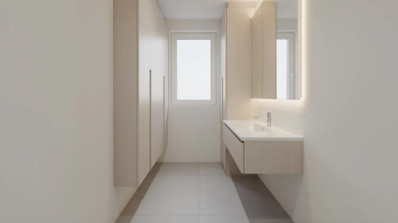 b86e9fbf-bfda-48fe-a991-4fcef6e860ad - Ranch Style Homes USA The image features a narrow bathroom showcasing a mid century modern floating vanity in light white oak, enhancing the visual space by exposing the floor beneath. The design includes sleek lines, ample storage with tall medicine cabinets and two adjustable shelves, creating a contemporary bathroom that is both functional and stylish.