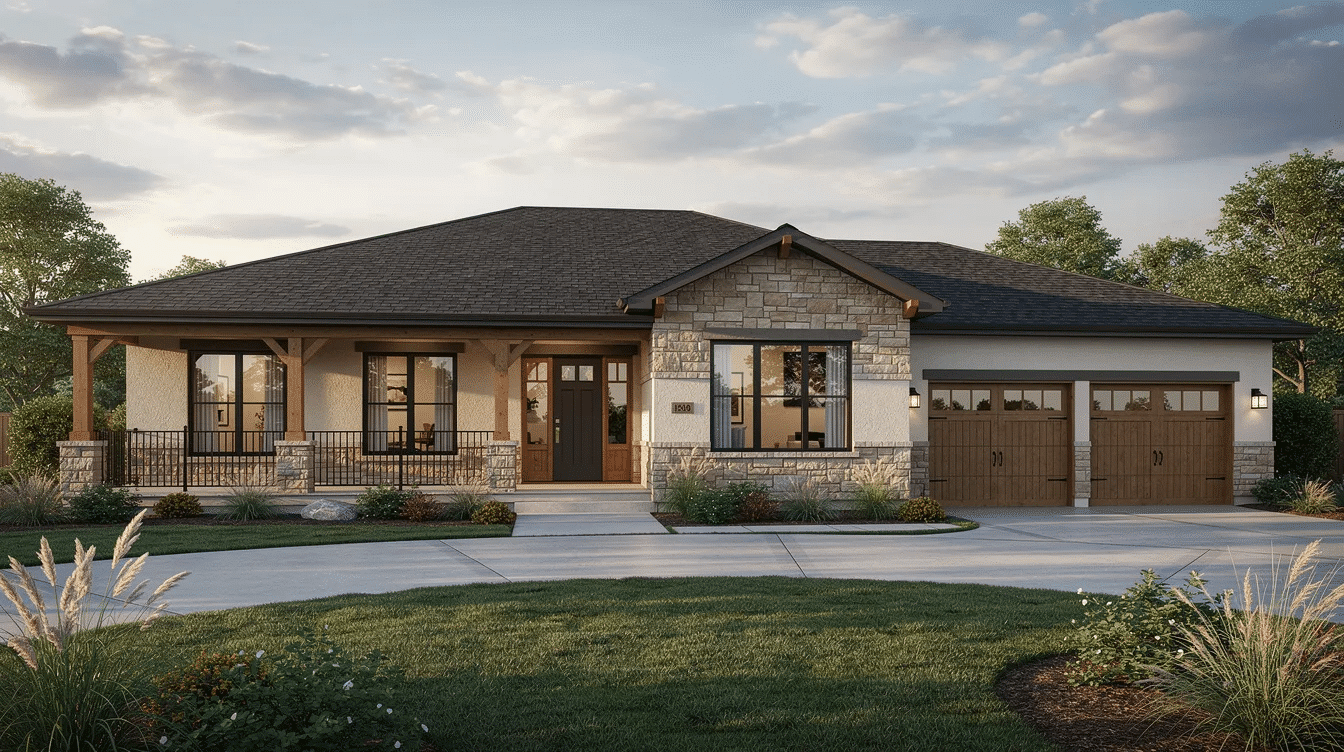 b897decc-8eca-4e13-afec-fc19037200ca - Ranch Style Homes USA This image showcases a beautifully designed custom ranch home featuring an open floor plan, large windows that allow natural light to fill the living space, and a welcoming porch. The one-story layout emphasizes simplicity and comfort, making it an ideal choice for families and those seeking efficient, one-level living.