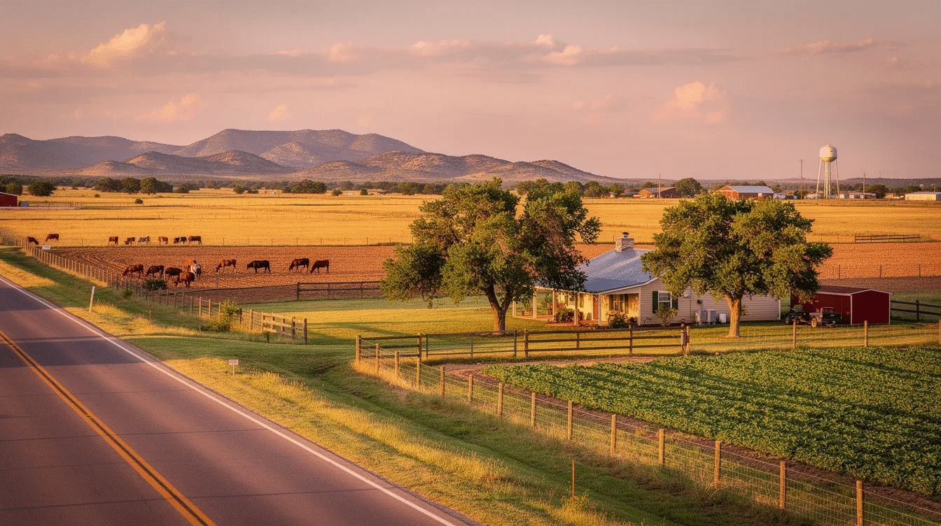 bb3ceeca-fe9c-4f0e-87d9-7f21ef9ec474 - Ranch Style Homes USA The image depicts a serene rural landscape showcasing wide open spaces and natural beauty, ideal for those seeking a private retreat in areas like Jackson County, Texas, or scenic Utah. This property offers paved road frontage and exceptional opportunities for homesteading, raising livestock, or simply enjoying the tranquil countryside.