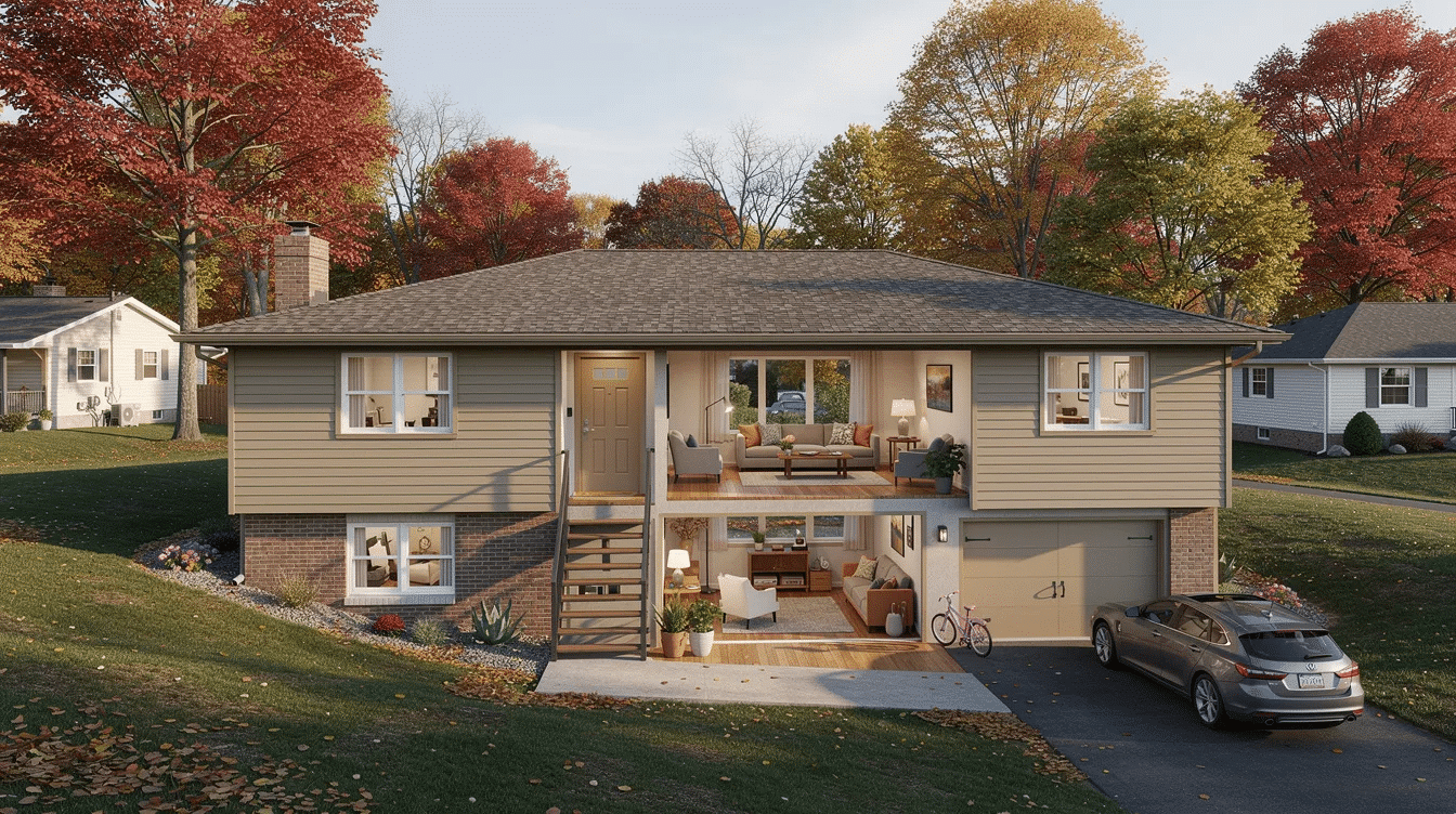 bb7381db-b24d-4227-9ad3-cc93ecb6a1a5 - Ranch Style Homes USA The image depicts a raised ranch house, characterized by its welcoming foyer that leads to a staircase ascending to the main living areas and descending to a partially above-grade lower level. This popular style of ranch home, commonly found in northern regions like Minnesota and upstate New York, maximizes living spaces with features such as finished basements and open floor plans.