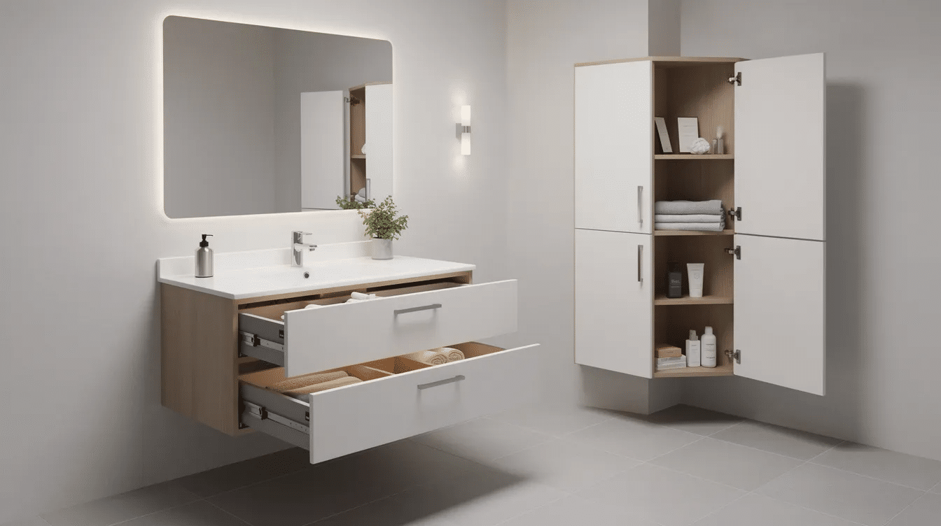 bda35964-40a2-41c8-9d6f-f06db04fb456 - Ranch Style Homes USA The image features a sleek, mid century modern floating vanity designed for compact bathrooms, showcasing a clean lined silhouette in natural wood tones. It includes an undermount sink, soft close drawers, and two adjustable shelves, maximizing storage space while enhancing the bathroom's style with its simple elegance and quiet operation.