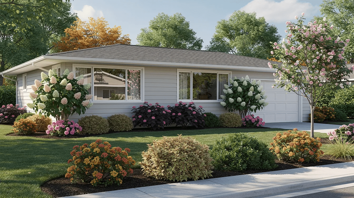 bdbffa62-6cf1-4365-a9e9-4fcb02192fab - Ranch Style Homes USA The image showcases a vibrant front yard of a ranch style house adorned with various flowering shrubs, including Little Lime Hydrangea and Reblooming Azaleas, providing seasonal color and curb appeal. The plants are arranged in loose curves, enhancing the architectural lines of the home while contributing to the surrounding landscape with their colorful foliage.