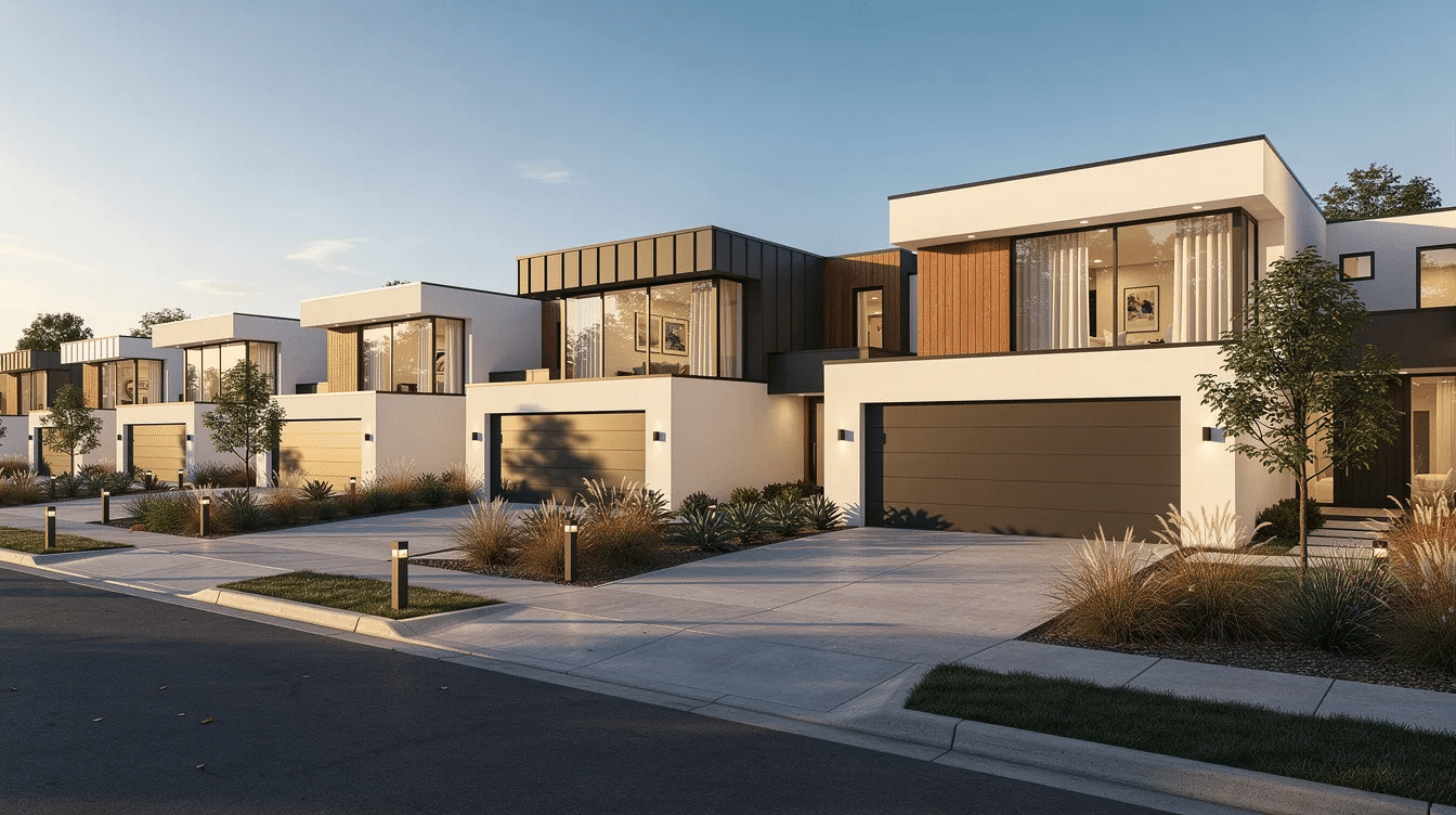 bdc551ed-2795-4155-9630-c35b41117b0d - Ranch Style Homes USA The image showcases a collection of single-family modern homes, featuring clean lines and large windows that allow for abundant natural light. These stylish and energy-efficient prefab houses are designed for families, emphasizing quality and sustainability while fitting seamlessly into narrow lots.