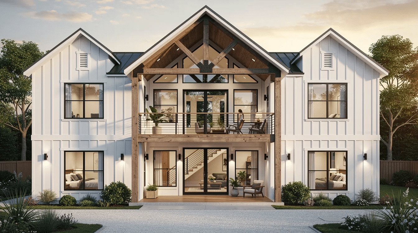 be4f73be-8e5c-4594-9cbc-98789c8aefff - Ranch Style Homes USA This image showcases a stunning two-story modern farmhouse design featuring a dramatic entryway with vaulted ceilings and exposed beams. The house combines traditional character with contemporary design elements, including gable roofs and large windows, creating a perfect balance of rustic charm and modern functionality.