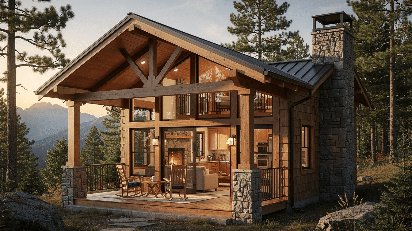 c1731995-17f4-440d-8732-7bec14549d3f - Ranch Style Homes USA The image depicts a cozy Craftsman-style cabin nestled in a mountainous landscape, showcasing large windows that invite natural light and offer scenic views. Featuring an open floor plan with exposed wood beams and rustic elements, this mountain home design emphasizes outdoor living spaces and a welcoming great room with a fireplace, perfect for family gatherings.