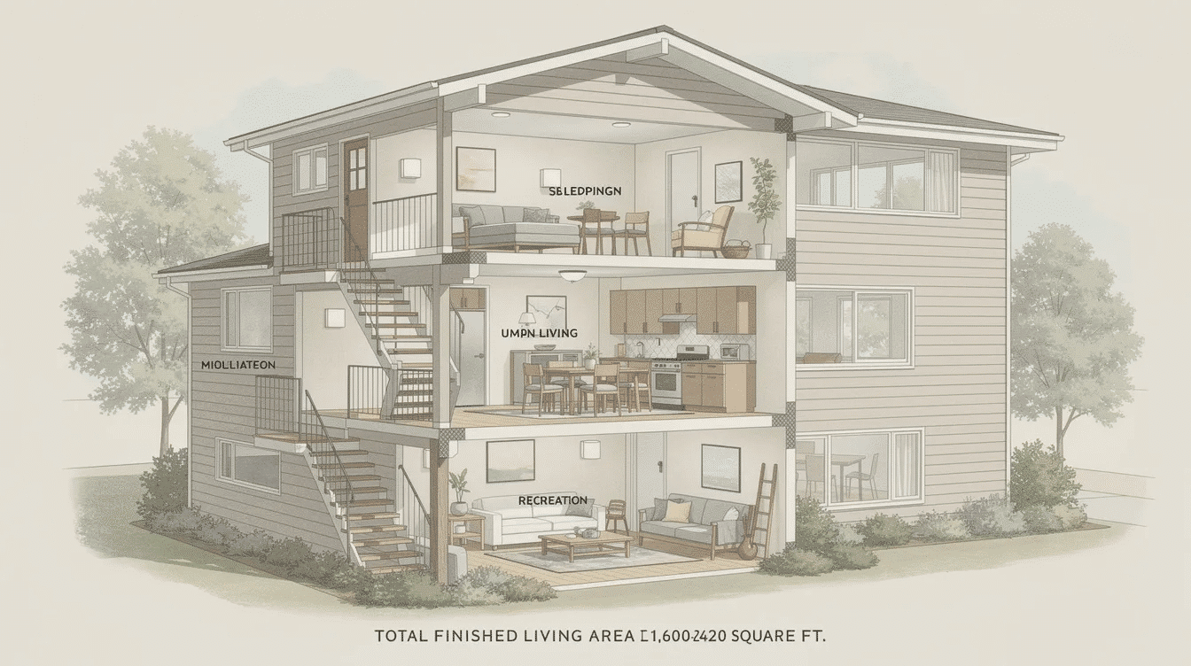 c1d2f471-7556-4984-b5c0-788fa5f31db0 - Ranch Style Homes USA The image depicts the floor plan of a tri-level ranch home, showcasing the middle level that includes the front door landing, foyer, living room, dining area, and kitchen, all designed to create a functional hub. The layout emphasizes a modern flow, with separate areas for living, sleeping, and recreation, demonstrating the unique stacked organization typical of tri-level homes.