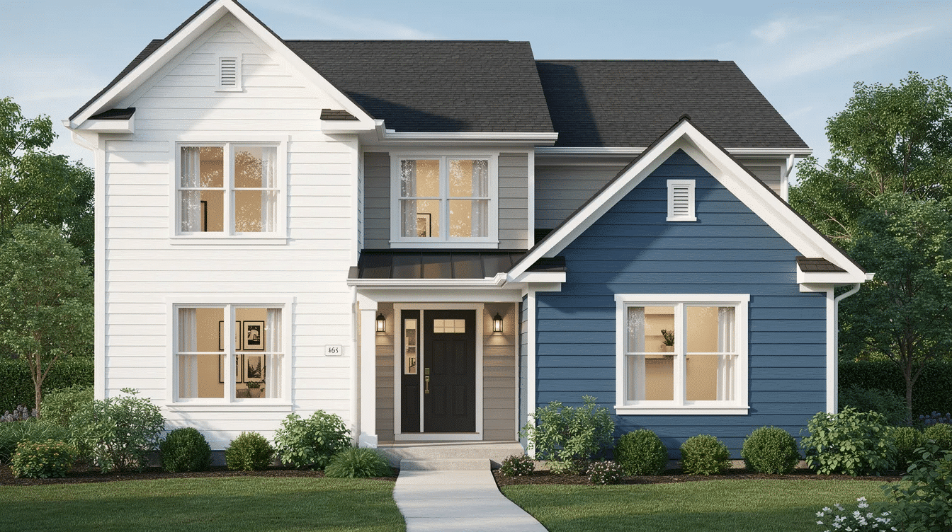 c3778853-62b9-40f9-b2f7-881c5c98fce1 - Ranch Style Homes USA The image showcases a ranch style house featuring light gray vinyl siding, complemented by white trim and black shutters, enhancing its curb appeal. The home is set against a backdrop of natural landscaping, illustrating how the siding color harmonizes with the surrounding environment.