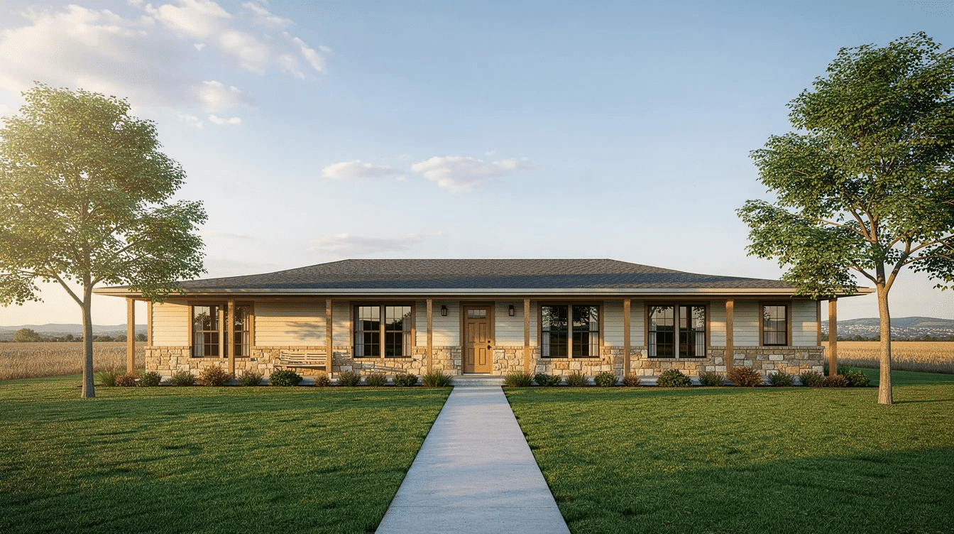 c4cff39a-e677-4a6a-ac90-830043256b91 - Ranch Style Homes USA This image features a modern ranch style house characterized by its low-slung design and wide open spaces, showcasing large windows that allow for ample natural light. The single story layout includes a finished basement and an attached garage, surrounded by thoughtfully landscaped outdoor spaces.