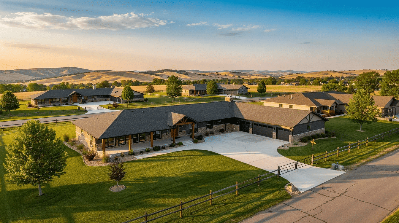 c5d5a440-4a30-4b33-a3e0-afeb5b13c5e6 - Ranch Style Homes USA The image showcases a selection of large ranch style homes for sale, featuring a variety of exterior designs including brick and stucco finishes. These one story homes are set in a spacious neighborhood surrounded by trees, highlighting their appeal and low maintenance materials.