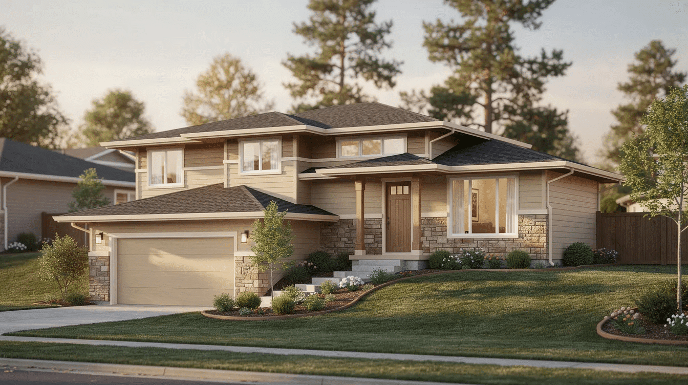 c60f698f-db6f-438a-a90e-8f04340cf511 - Ranch Style Homes USA The image depicts a tri-level ranch style house featuring a split entry design with a welcoming front door. It showcases multiple levels, including a main living area, dining room, and bedrooms, all contributing to its spacious and modern layout.