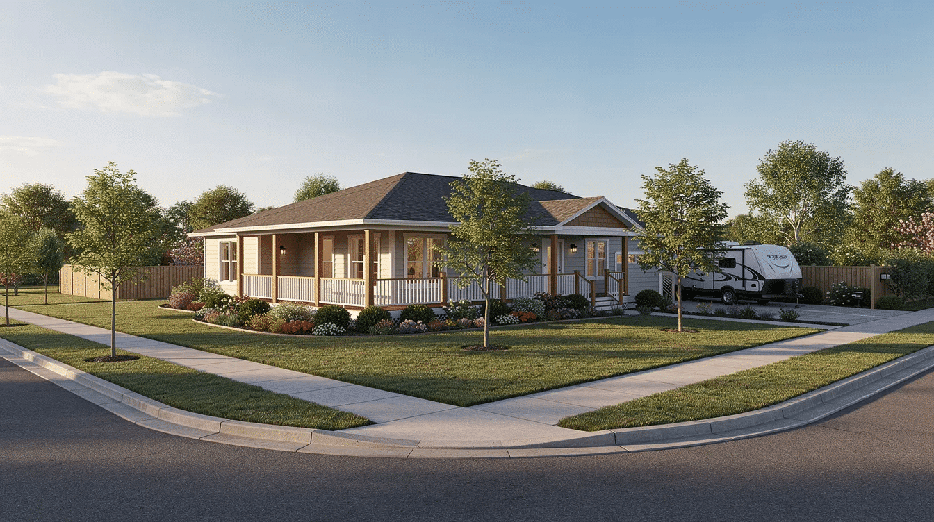 c6366164-61bd-46c3-b280-b5e60a5acb40 - Ranch Style Homes USA This image showcases a corner lot ranch home featuring a stylish street-facing facade with a wraparound porch and large windows that enhance curb appeal. The design emphasizes seamless indoor-outdoor living, providing private spaces and easy access to outdoor areas, making it ideal for families and homeowners seeking a spacious, single-story layout.