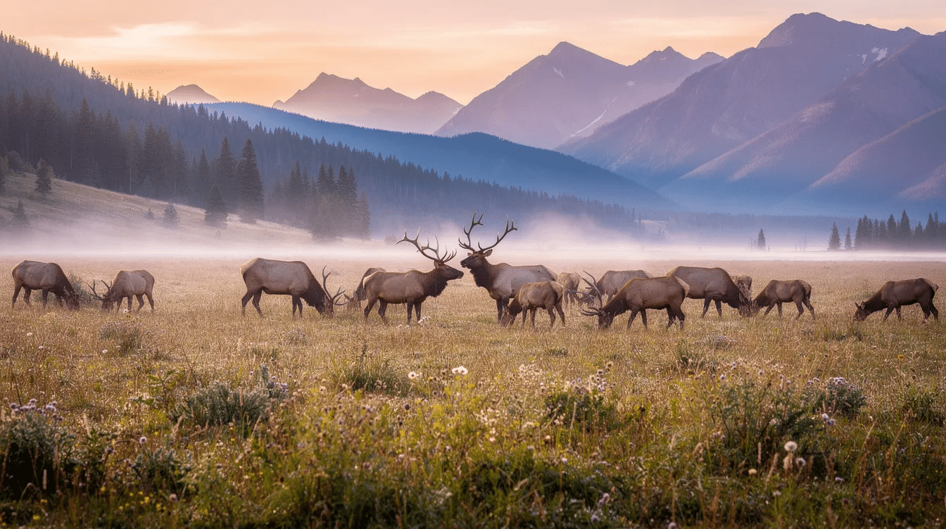 c66f3b42-2a31-44c5-8709-985a60fa35dc - Ranch Style Homes USA A herd of elk grazes peacefully in a mountain meadow at dawn, surrounded by dense forests and open plains, showcasing the beauty of healthy wildlife populations in the American West. This serene scene highlights the deep connection between land and animals, reminiscent of the vast ranches found in states like New Mexico and Colorado.