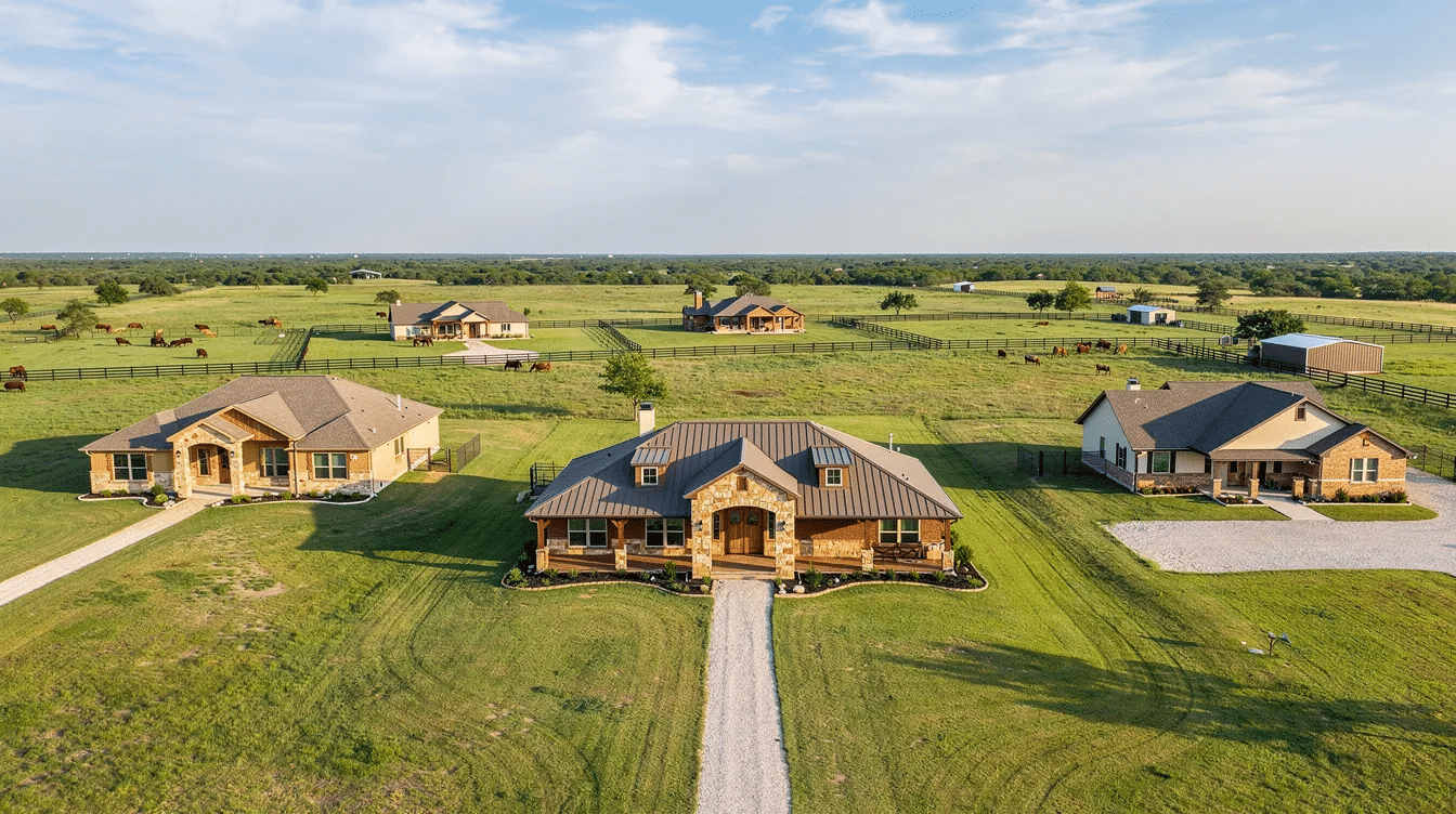 c6749fde-0681-4038-bc20-1e4fdae0aab6 - Ranch Style Homes USA The image showcases a picturesque Texas house surrounded by expansive land, highlighting the beautiful scenery typical of South and Central Texas. The property features ample acreage, perfect for families seeking a country lifestyle, with details emphasizing its suitability for buyers looking for real estate listings in the region.