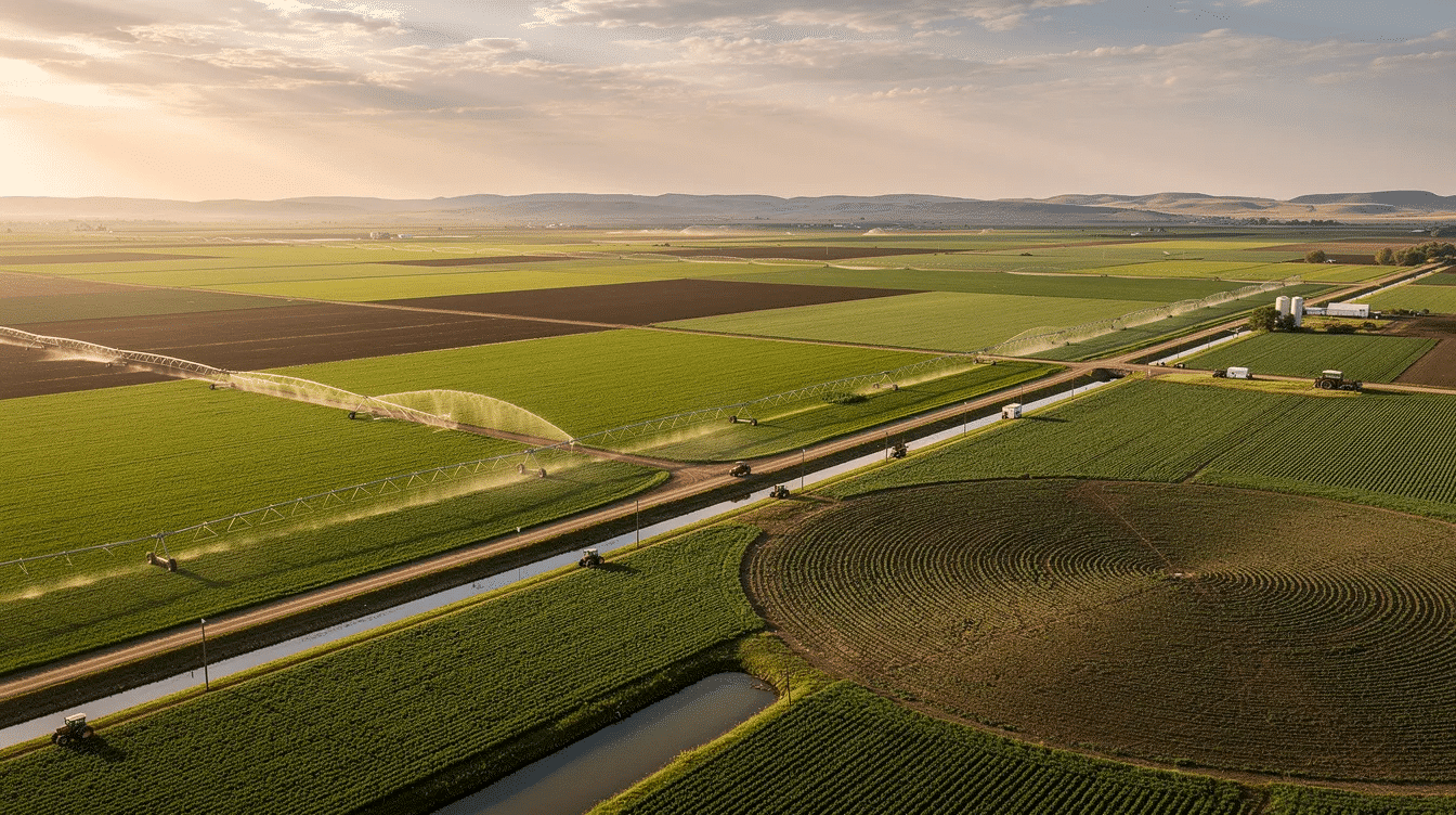 cafd6a6e-dbda-454e-9eb5-cd4dd5f6702f - Ranch Style Homes USA The image depicts a vast expanse of irrigated farmland, showcasing productive cropland ready for various crops, including peas and canola. This rare opportunity for sale is located in a region that spans across several states, including New Mexico and Montana, ideal for farming and recreation.