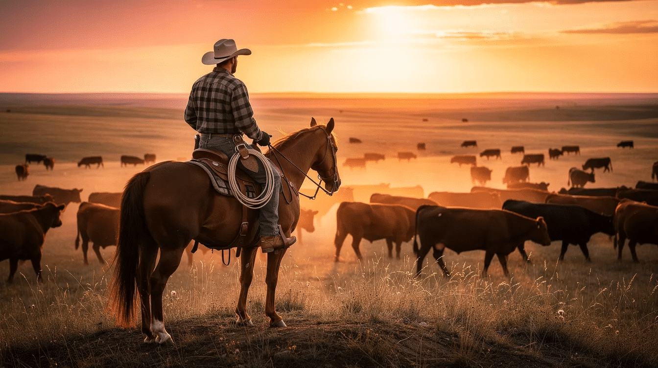 cd578aca-67cb-4317-820f-c13664c0e083 - Ranch Style Homes USA A modern cowboy on horseback surveys a cattle herd at sunset, with expansive open plains stretching towards the horizon, embodying the essence of cattle ranching in Texas. The scene captures the heart of ranch life, showcasing the harmony between livestock and the land.
