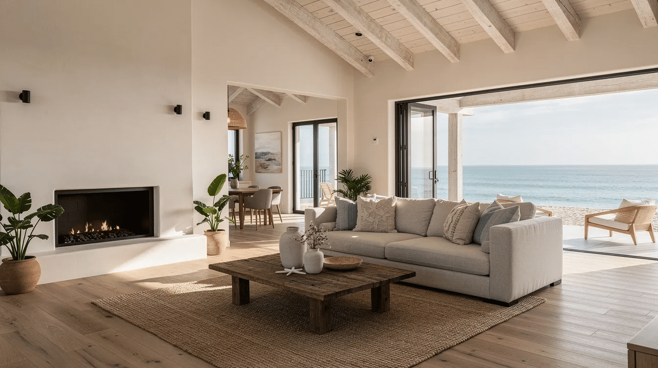 cdceb3e0-9cb0-4000-b920-31e1bbc086cb - Ranch Style Homes USA The image showcases the interiors of a modern beach ranch house, featuring large windows that allow natural light to flood the open space. The design elements emphasize simplicity and a coastal lifestyle, with a balanced color palette and connections to the outdoors through a welcoming porch.