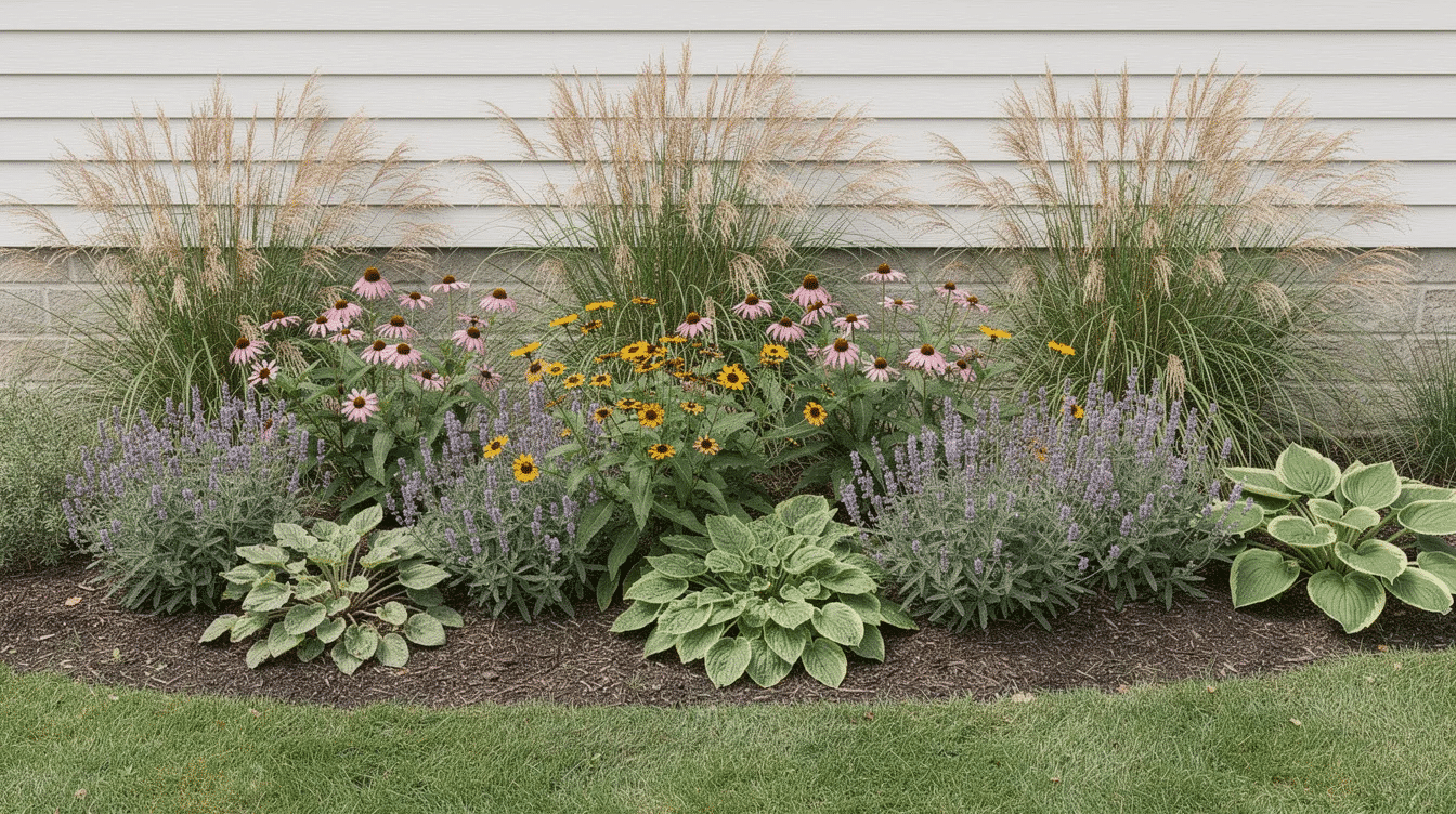 d1865ab5-76e2-4568-8192-4d0fd84be7b1 - Ranch Style Homes USA The image features ornamental grasses and perennials artfully arranged along the foundation of a ranch style house, enhancing its curb appeal. These foundation plantings include colorful foliage and flowering plants that thrive in full sun to partial shade, creating a vibrant and inviting front yard landscape.