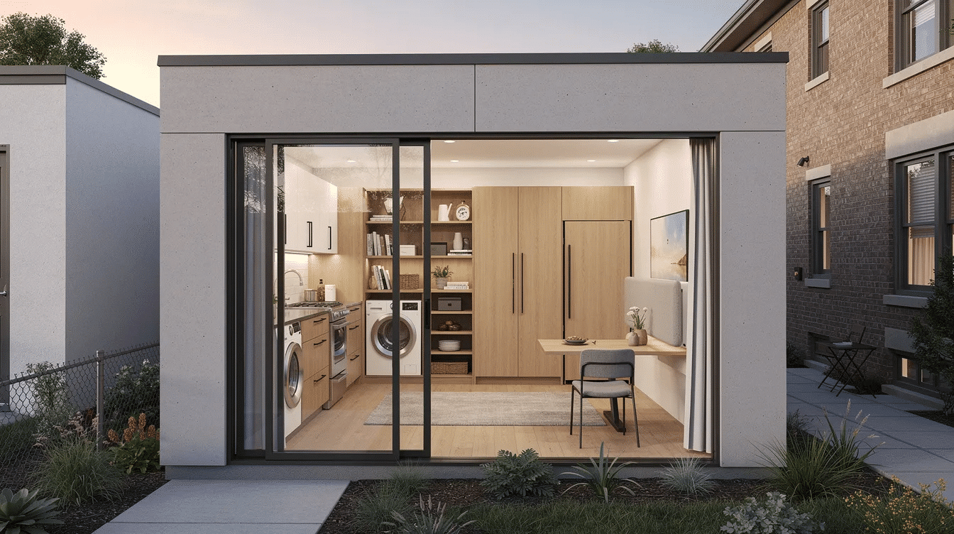 d3322075-7655-4275-b691-f100fb1faa11 - Ranch Style Homes USA The image showcases a compact modern living space featuring innovative small-footprint designs that maximize functionality with built-in storage and transformable walls. This stylish modular home exemplifies how modern prefab construction can provide sophisticated living solutions ideal for narrow lots while ensuring energy efficiency and quality craftsmanship.