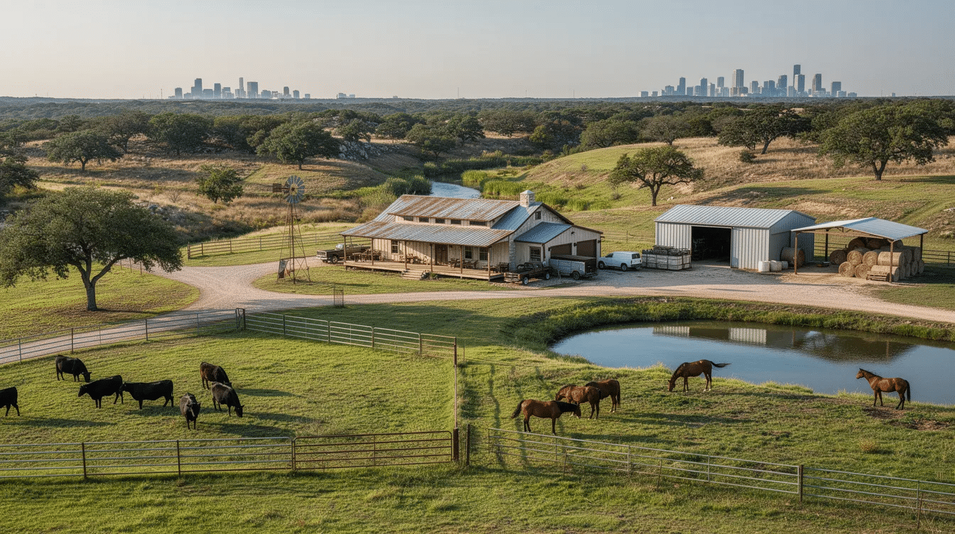 d369ca07-479f-4e8b-8aec-41c186ec30ad - Ranch Style Homes USA The image depicts a sprawling ranch property in South Texas, featuring expansive open land ideal for agricultural use, such as cattle ranching and horse breeding. The landscape includes improved pastures, sturdy fencing, and a functional barn, showcasing the potential for buyers interested in larger acreage properties with reliable water sources and scenic terrain.