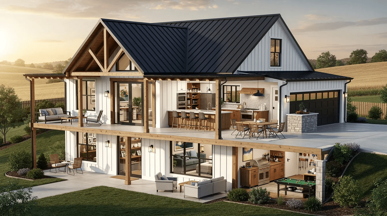 d38cf3d0-1df1-4124-97e3-19ac8ec9808c - Ranch Style Homes USA This image showcases a luxury contemporary farmhouse plan featuring a spacious open layout with high ceilings, large windows, and rustic charm. The design includes a gourmet kitchen with a walk-in pantry, dedicated home office, and inviting outdoor living spaces with covered porches, ideal for creating a dream home for families.