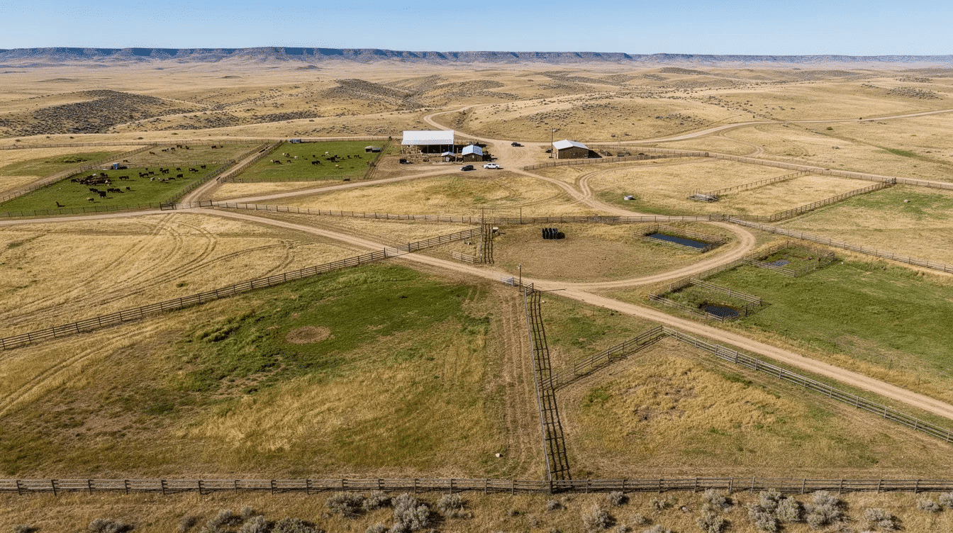 d41c603c-faf0-46d6-81c4-db8f7b3e6ad1 - Ranch Style Homes USA An aerial view of a large Western ranch property showcases intricate fencing patterns and expansive grazing areas, typical of ranches that may span thousands of acres. This landscape is ideal for raising beef cattle and maintaining livestock, reflecting the hard work of ranch owners in managing their agricultural operations.
