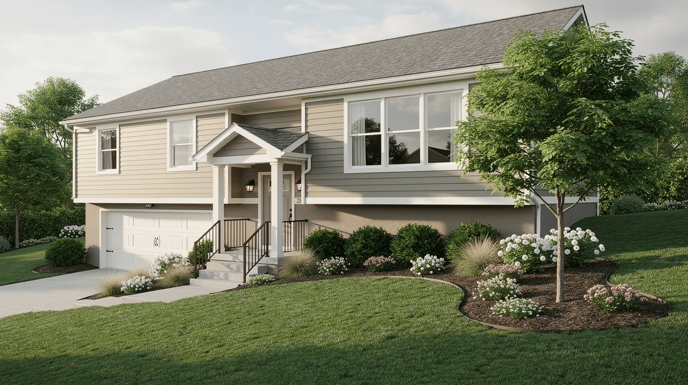 d4d6c753-8662-4a45-b753-051140edc671 - Ranch Style Homes USA The image features a charming raised ranch home with a fresh exterior paint in warm neutral tones, complemented by white trim and a navy blue front door. The inviting front porch and well-maintained landscaping enhance the home's curb appeal, showcasing the architectural details and visual interest of this single-story ranch style house.