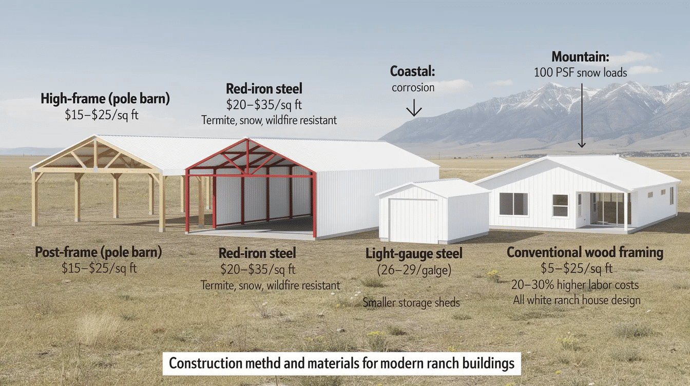d56272bd-0c61-4905-aaf6-5ad4c60196c4 - Ranch Style Homes USA The image depicts various construction methods and materials for ranch buildings, showcasing options such as post-frame structures, red-iron steel, and conventional wood framing. Each building style is designed to accommodate the needs of ranch houses and agricultural buildings, emphasizing durability against elements like snow loads and wind conditions.