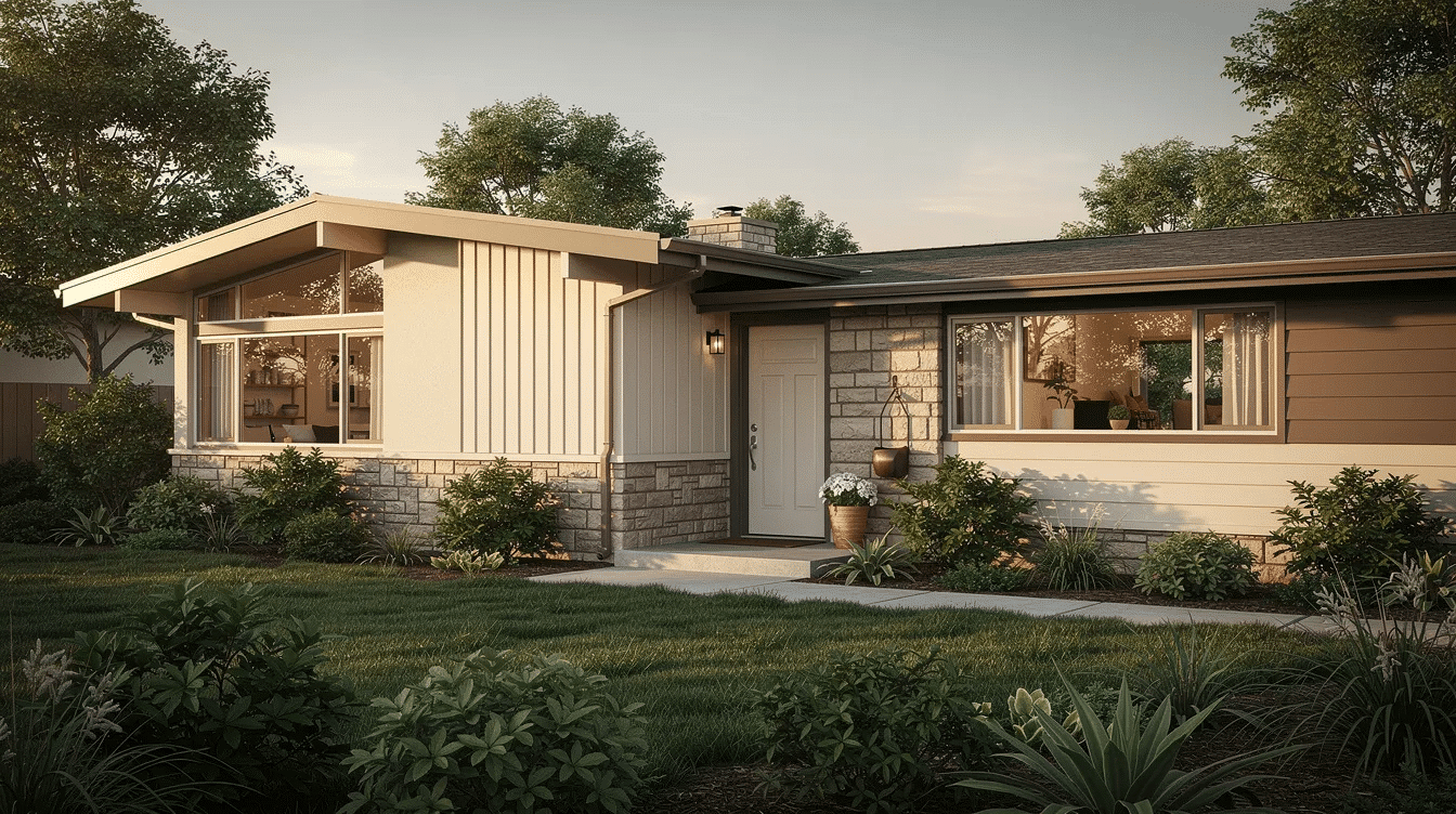 d5b3f510-239d-46ea-bb54-368bd8665735 - Ranch Style Homes USA The image features a ranch style home showcasing a warm beige and taupe exterior color scheme, complemented by light gray siding and dark trim. This inviting exterior palette enhances the home's curb appeal while harmonizing with the natural surroundings, creating a cozy and established look.