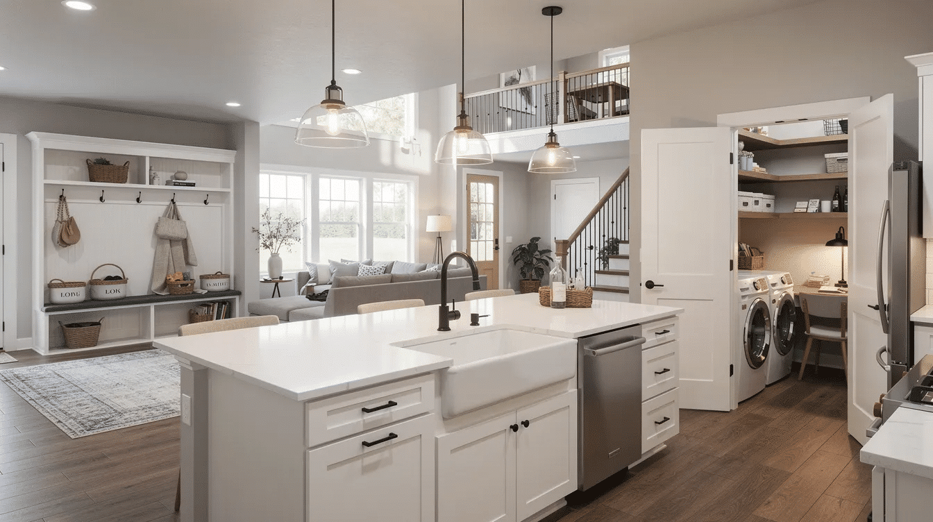 d778a57f-3cd2-4adb-a69f-93cdeb334680 - Ranch Style Homes USA The image showcases a modern farmhouse floor plan designed for growing families, featuring an open layout that includes a spacious kitchen with a large island, a welcoming porch, and multiple bedrooms. The design emphasizes functional spaces such as a mudroom with built-in storage and a flexible bonus room, blending rustic charm with modern amenities to support everyday family life.