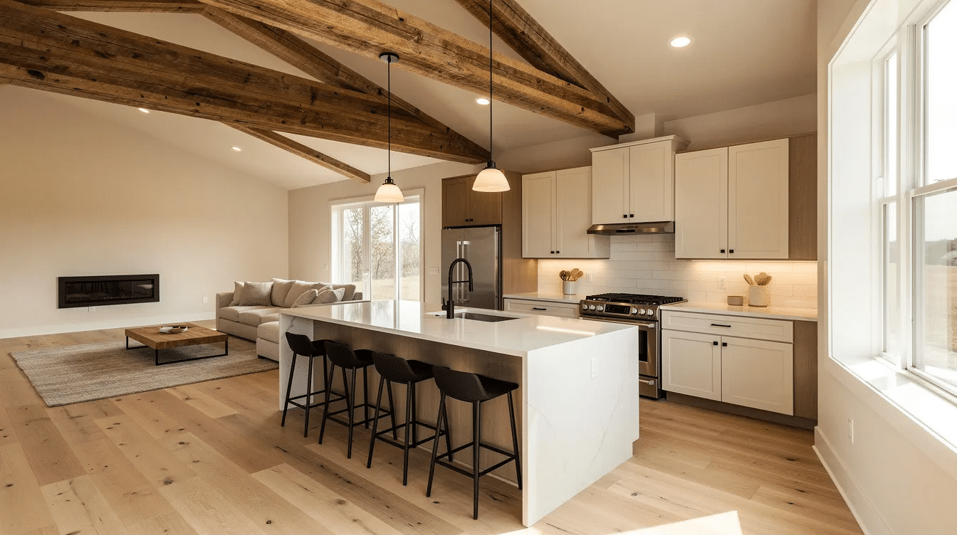 d892bca4-cda4-4672-91c7-caeb08964d6d - Ranch Style Homes USA The image depicts the interior of a modern ranch home featuring an open concept design, with a spacious kitchen island at the center and exposed ceiling beams that enhance the aesthetic. Natural light floods the area through large windows, showcasing the low maintenance materials typical of ranch style metal buildings.