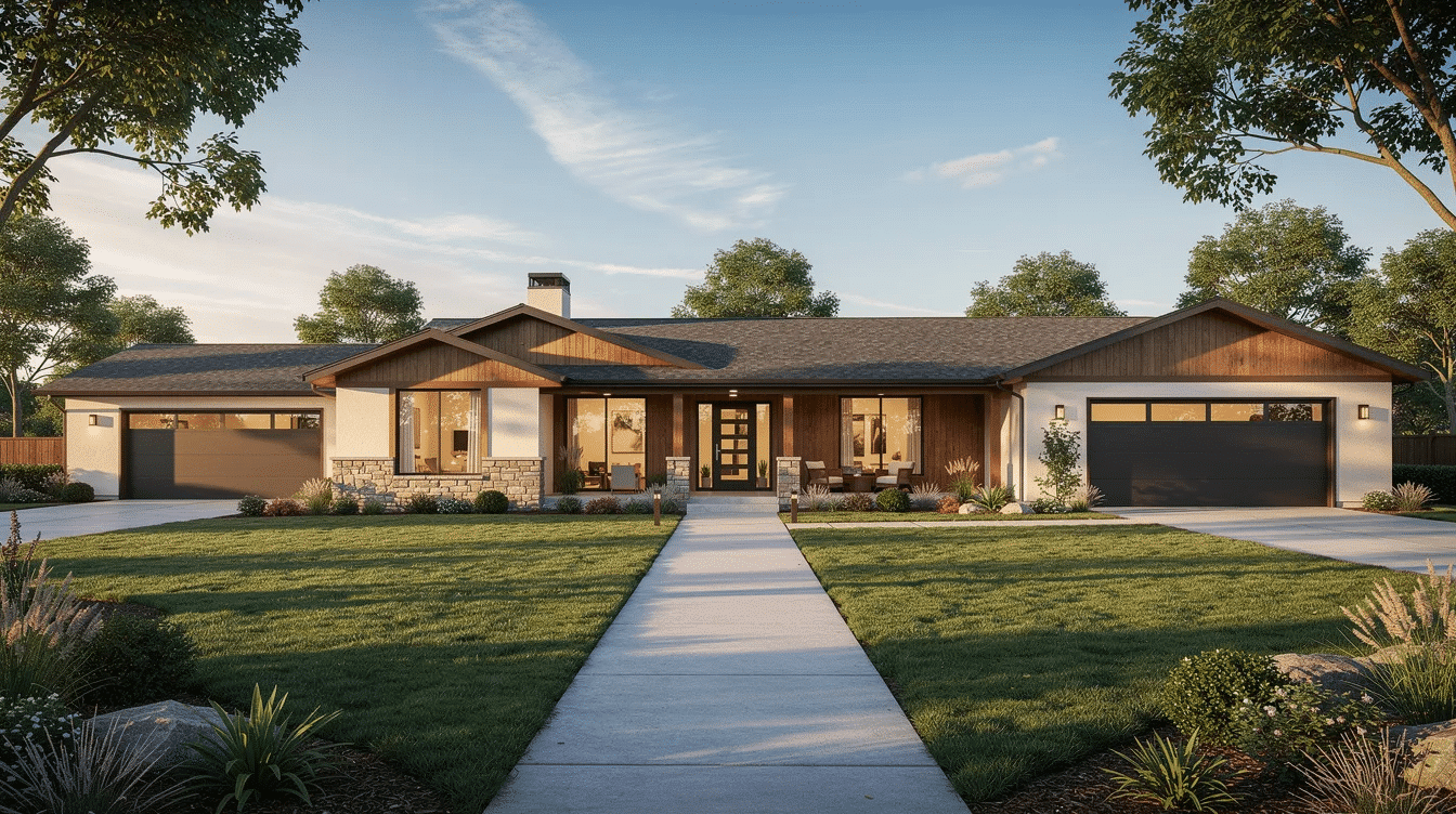 dc47aeac-e711-4535-b5f7-222e0f6ec3fa - Ranch Style Homes USA The image showcases a selection of large ranch style homes for sale, featuring a variety of exterior designs including brick and stucco finishes. These one story homes are set in a spacious neighborhood surrounded by trees, highlighting their appeal and low maintenance materials.