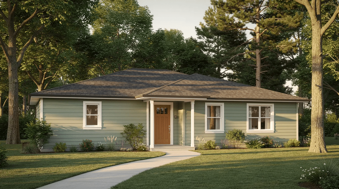 dced93c5-cfe4-4a9c-85c4-d1209276c98c - Ranch Style Homes USA The image features a ranch-style home with sage green vinyl siding, harmoniously set among mature trees, showcasing an appealing exterior color scheme. The natural surroundings enhance the home's curb appeal, complemented by earthy tones and architectural details.